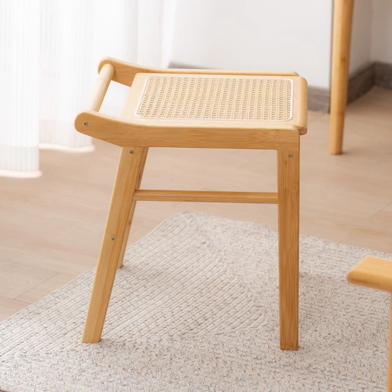 

Japanese rattan dresser stool household bedroom dresser net mahogany manicure shop simple small square stool