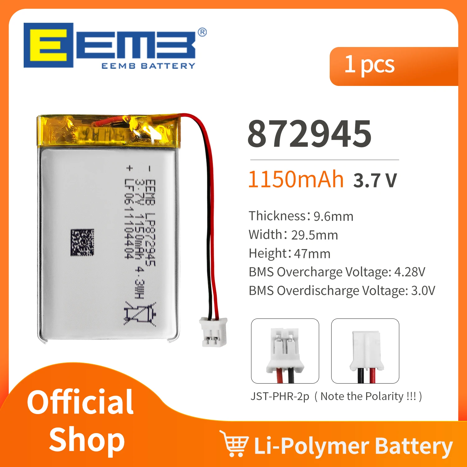 EEMB 872945 3.7V Battery 1100mAh Rechargeable Lithium Polymer Battery Pack For Dashcam,Flashlight,Bluetooth Speaker, GPS,Camera