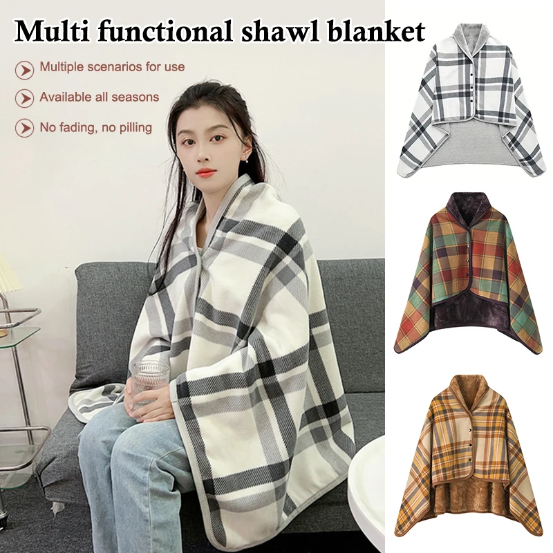 Wearable Plaid Fleece Blanket with Buttons 4