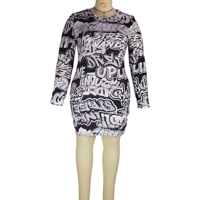 Elegant Letter Printing Long Sleeve Knee-Length Skirt Fashion Spring Summer Round Neck Black and White Plus Size Dress for Women