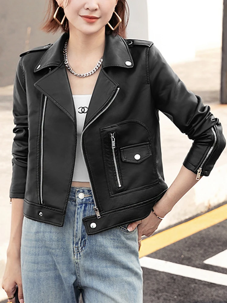 

LY VAREY LIN New Spring Autumn Motorcycle Jacket Women Fashion Lapel Zipper Pu Coat Lady Slim Casual Solid Color Short Outwear