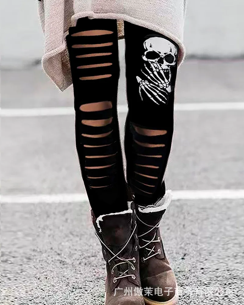 

Women Pants Hollow Pencil Pants Punk Style Zipper Fly Slim Flat High Street Patchwork Pockets Sexy Sheath Slight Strech Skulls