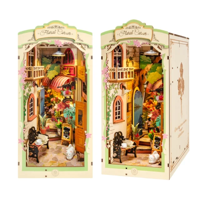 Robotime DIY Miniature House Kit Floral Corner with LED Lights Book Nook Kits 3D Wooden Puzzle Book Gifts for Adults