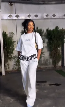 Women's Fashion 2pc Tracksuit Short Sleeve Letter Print T-shirt Wide Leg Pants Casual Streetwear Outfit For Daily Hangout 1