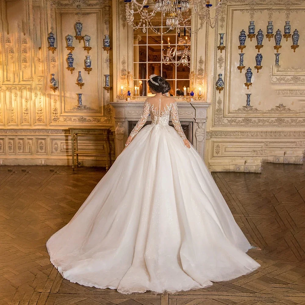 Customized Exquisite Wedding Dress Sheer Scoop Neck Lace Beaded Applique Illusion Long Sleeve Bride Dresses  Vestidos De Noiva 2