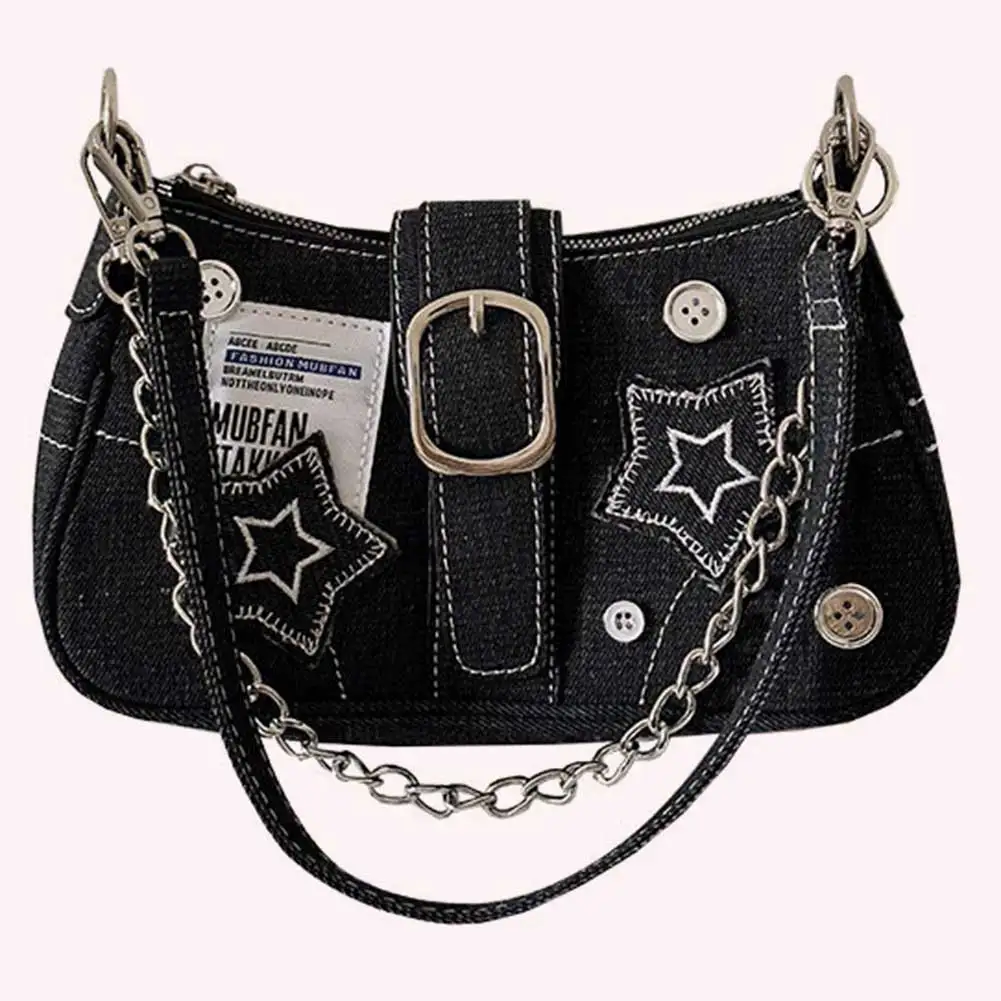 Women Fashion Shoulder Bag Large Capacity Y2K Star Denim Underarm Bag Retro Button Handbag Solid Color Chic Hobo Chain Bag