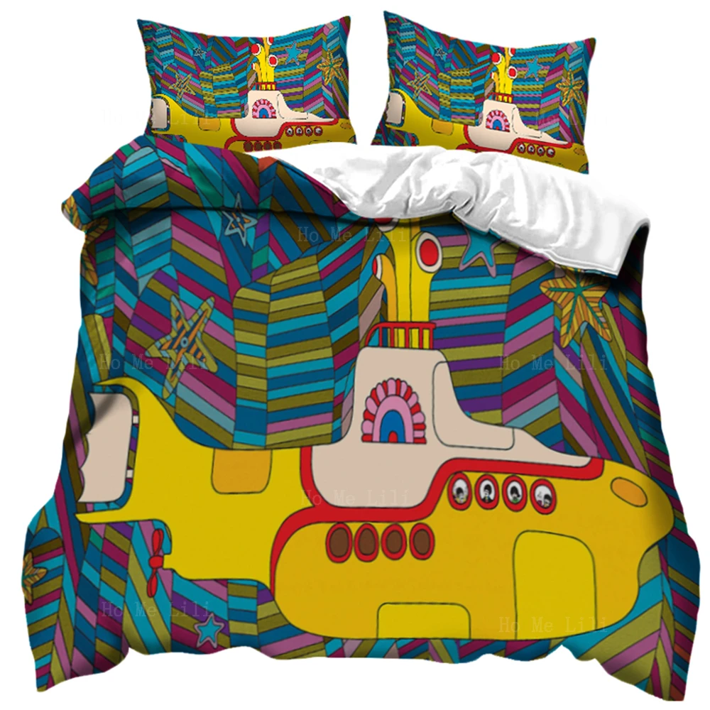 

Classic Yellow Boat Cartoon Colorful Stripe Big Nose Brothers And Monster Grateful Dead Terrapin Dance Trippy Duvet Cover Set