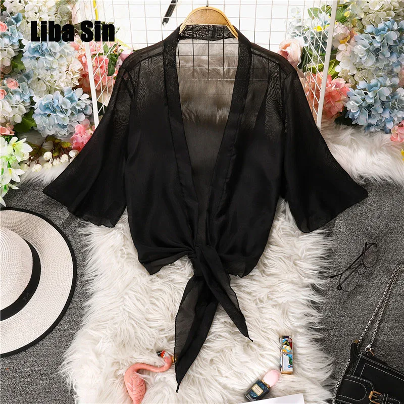 

Liba Sin Women Summer Sunscreen Shirt Women Chiffon Five-Point Sleeves Bow Tie Outside With Thin Small Shawl Top
