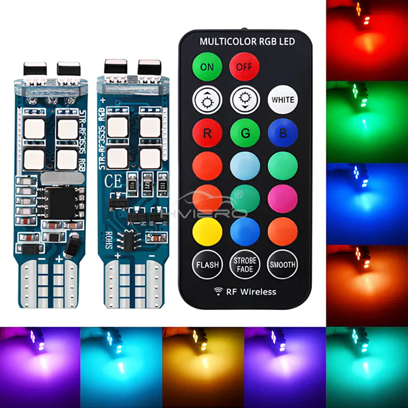 2pcs T10 W5W RGB LED Bulb with Wireless Remote Control for Car Interior Dome License Plate Reading Light 12V Brake Signal Lamp - Image 2