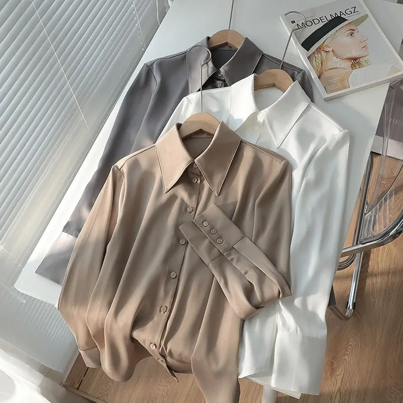 2024 New Summer Oversized High Waist Elegant Fashion Women's Shirt Solid Color Button Loose Chiffon Lapels Long Sleeve Y2K Tops