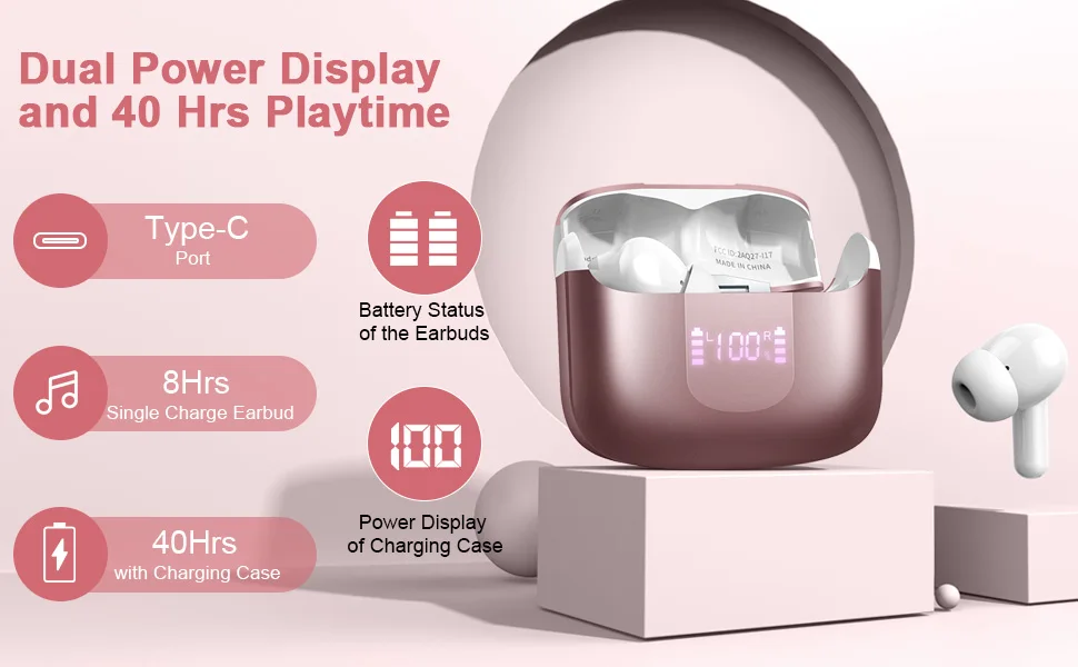 Wireless Earbuds, Bluetooth 5.3 Headphones Sports Headphones In Ear with 4 ENC Noise Cancelling Mic, 40H Playback , LED Display.