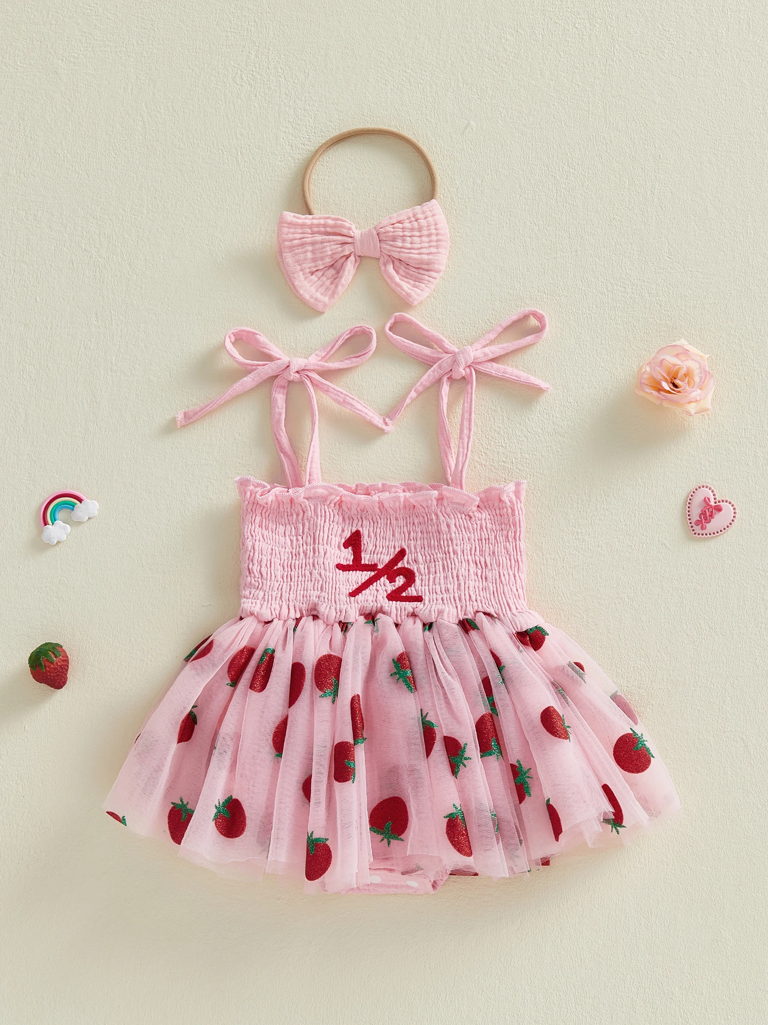 Toddler Girls Pink Floral Print Sleeveless Romper Dress with Bow Detail and Tulle Skirt for First Birthday Party