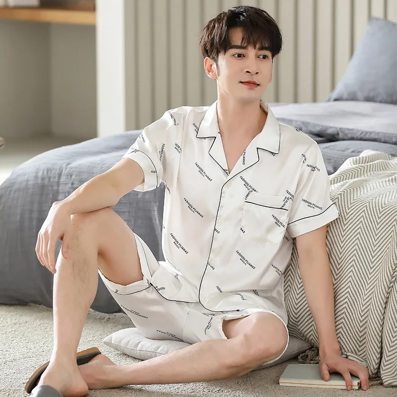 Summer Men's Thin Ice Silk Pajamas Short Sleeve Cardigan Shorts Two Piece Set Fashion Oversized Simulation Silk Home Clothing