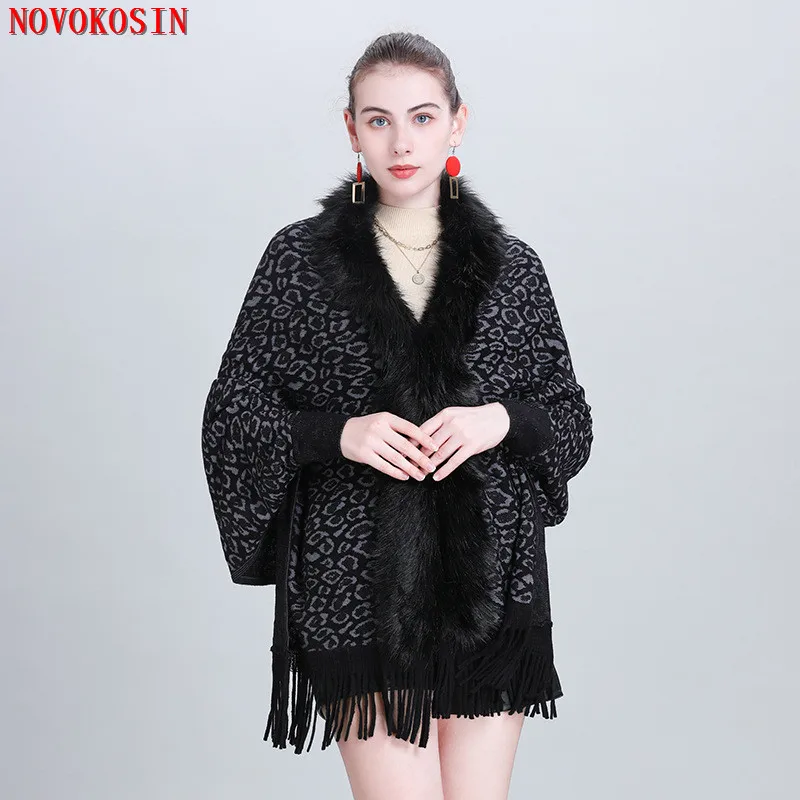5 Colors 2022 Women Batwing Sleeves Leopard Printed Poncho Capes Faux Fur Cloak Winter Warm Tassel Loose Streetwear Overcoat