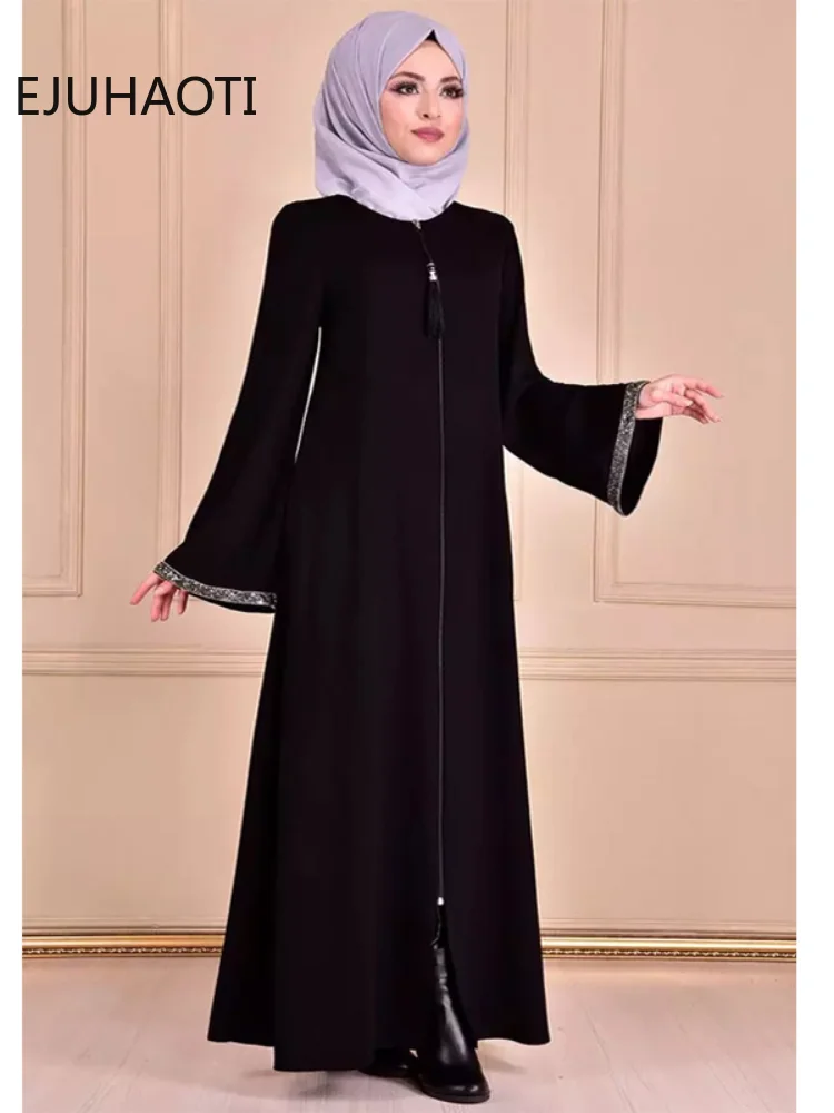 

Muslim Women's Dress Middle East Dubai Turkey Zipper Cardigan Robe Open Abaya Islamic Clothing For Women Ramadan Indian