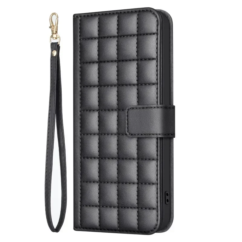 Elegant 3D Checkered Pattern Leather Wallet Case with Magnetic Flip Cover