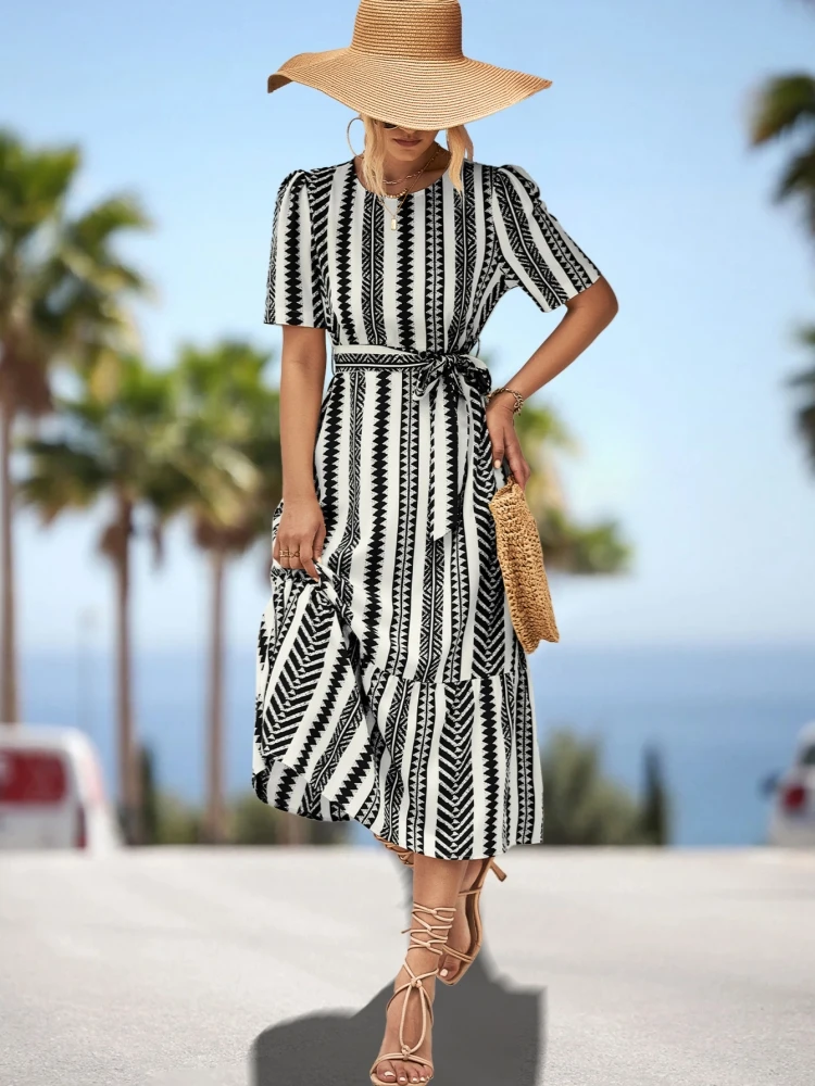 

2023 New Product Hot Selling Popular New Sweet Style Printed Bubble Sleeve Loose fitting Dress Fashion New Elegant Dress Clear