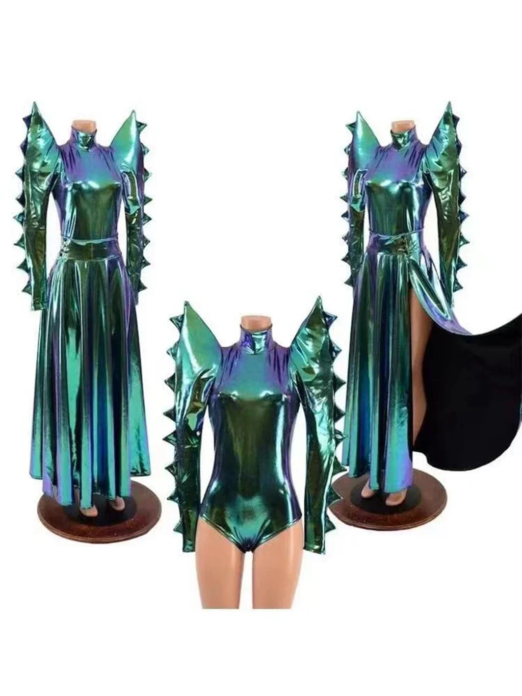 

New Green Laser Leather Exaggerated Shoulder Bodysuit Cosplay Costume Singer Stage Bar Dance Clothes Drag Queen Festival Outfits