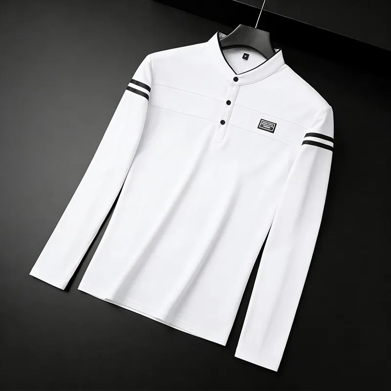 Herren-Poloshirt mit Stehkragen und langen Ärmeln, gestreift, weich, atmungsaktiv, für Business, Arbeit und Alltag – Detail 19