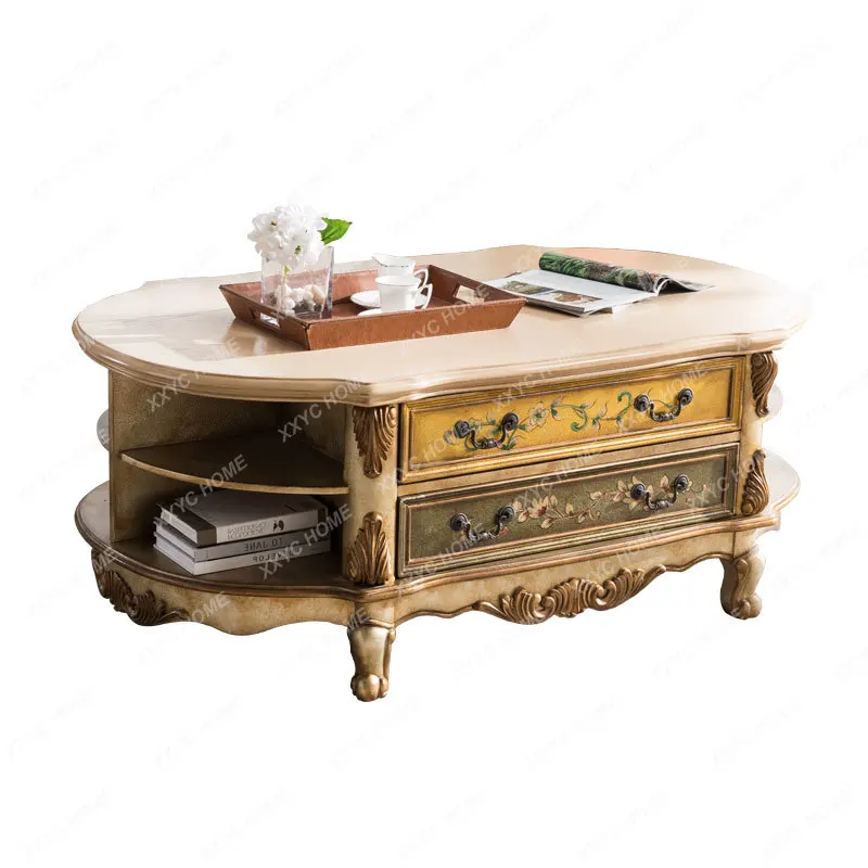

Household Solid Wood Coffee Table European-Style Living Room Tea Table Long Large Capacity Oval with Drawer Tea Table Table