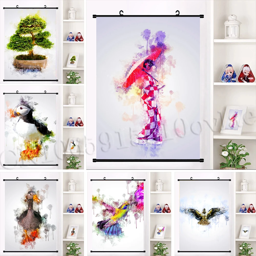 

Scroll Canvas Abstract Print Picture Cute Animals Wall Art Watercolor Hanging Painting Home Decoration Poster For Living Room