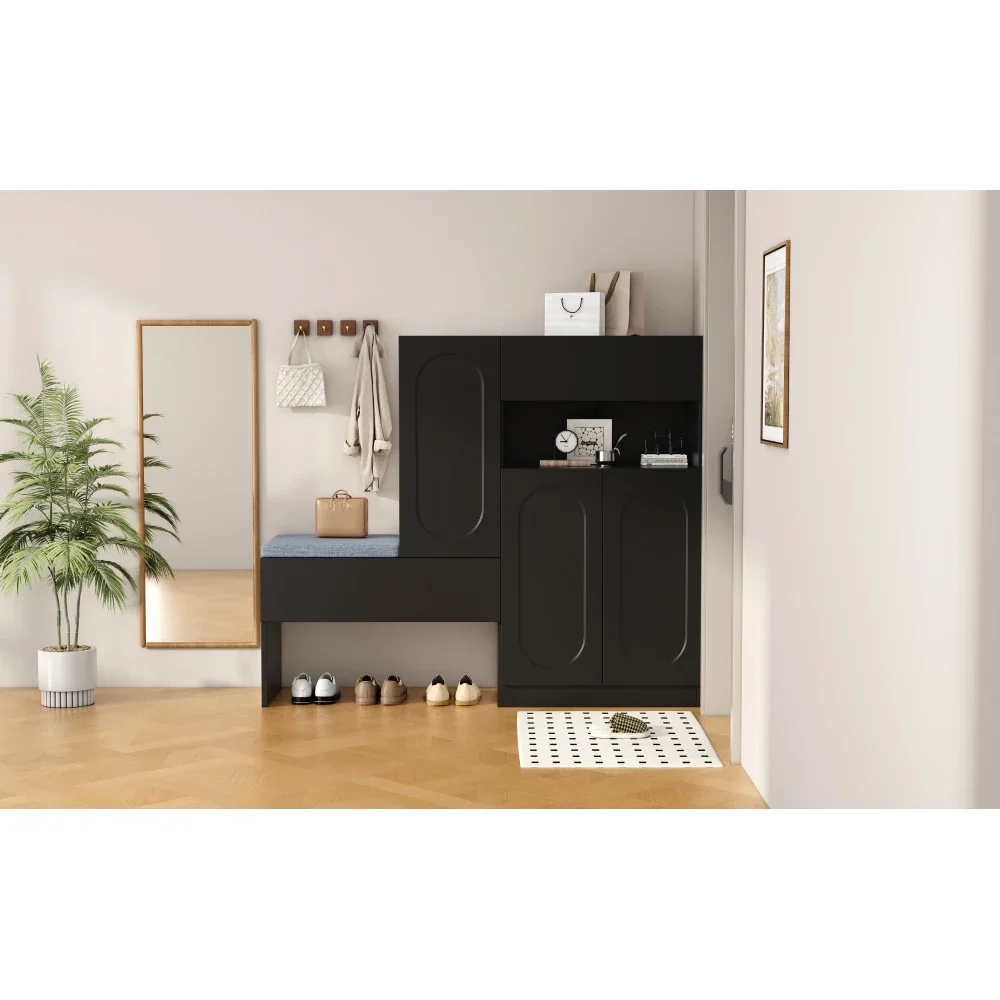 Schuhschrank mit gebogenen Türen, Klapptür mit Soft-Close-Funktion, höhenverstellbaren Fächern und gepolstertem Sitz – Detail 32