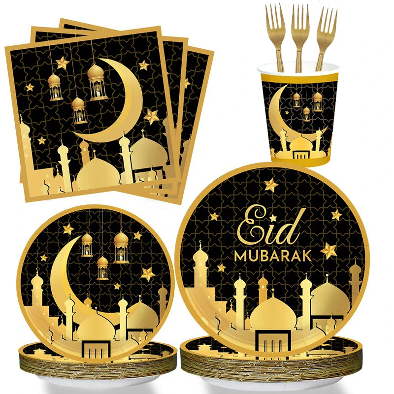 

EID Mubarak одноразовая посуда, бумажные тарелки, салфетки, чашки, вилки Рамадан, мусульманские технические украшения для дома 2023
