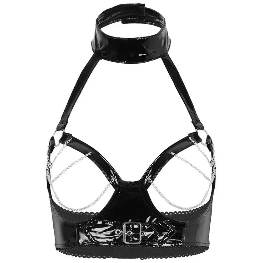 Women's Sexy Wet Look Bralette Tops Erotic Breast Exposed Hollow Out Halter PVC Leather Open Cup Latex Bras with Chain Lingerie