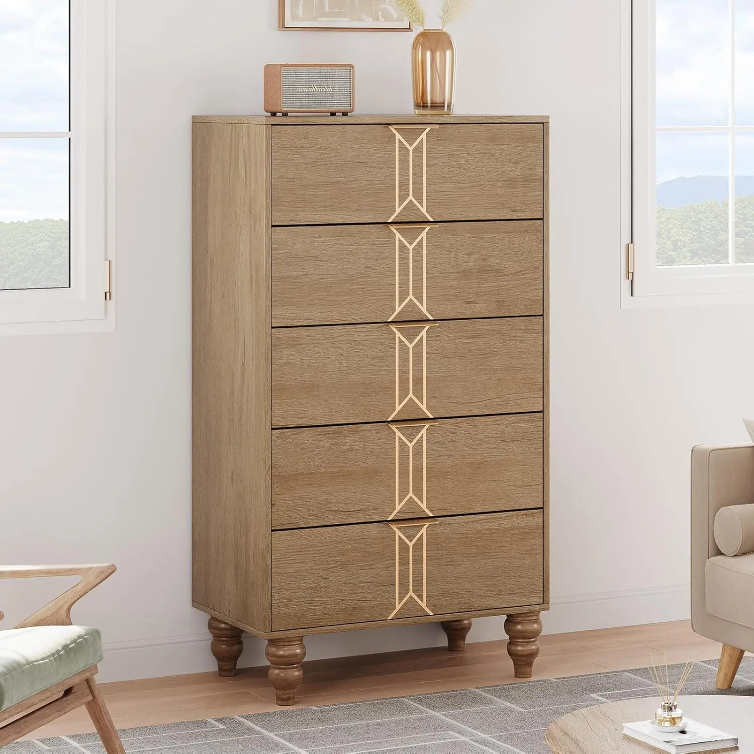 Chest of Drawers with 5 Drawers Modern Tall Wooden with Deep Drawers Large Storage Cabinet for Bedroom Living Room Hallway