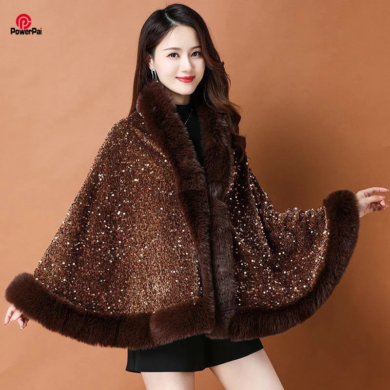 

Fashion Shiny Paillette Faux Rex Rabbit Fur Cape Coat Winter Thicken Lining Warm Party Dress Cloak Shawl Women Wraps New