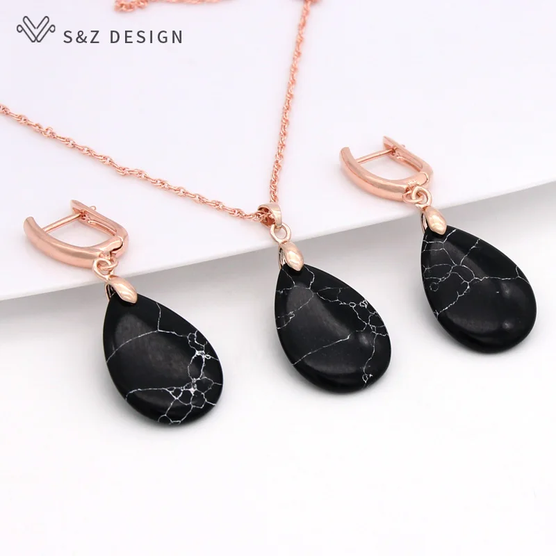 S&Z DESIGN Vintage Water Drop Synthetic Turquoises Dangle Earrings Jewelry Sets For Women Wedding 585 Rose Gold Color Necklace