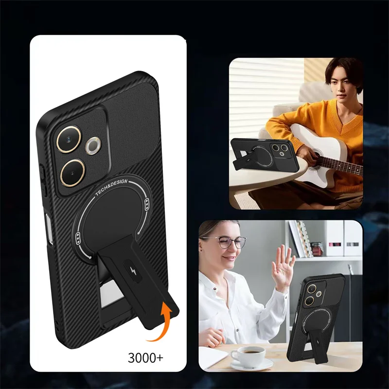 Carbon Fiber Pattern Armor Phone Case with Magnetic Wireless Charging and Foldable Stand