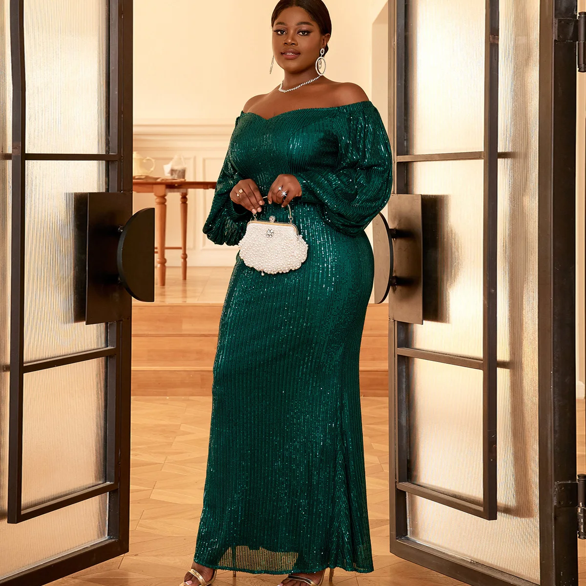 Plus Size Sequin Woman Dress Off Shoulder Chic Elegant Club Outfit Casual Lady Luxury Long Gown 2023 Summer Evening Party Dress