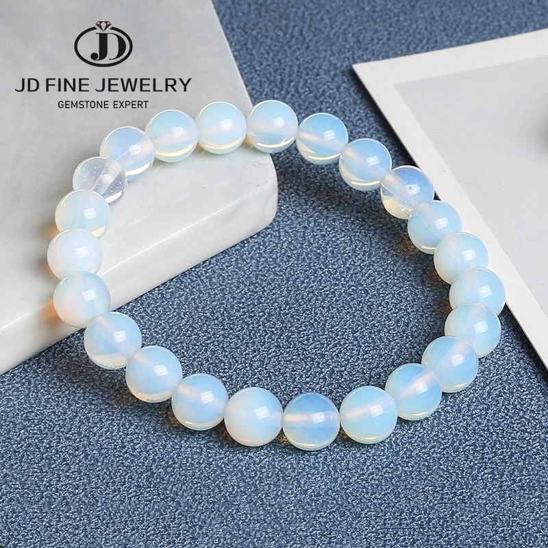 JD – Bracelet en pierre de lune blanche lisse et opale pour femmes, cordon extensible élastique coloré, œil de chat, bijoux en corde extensible