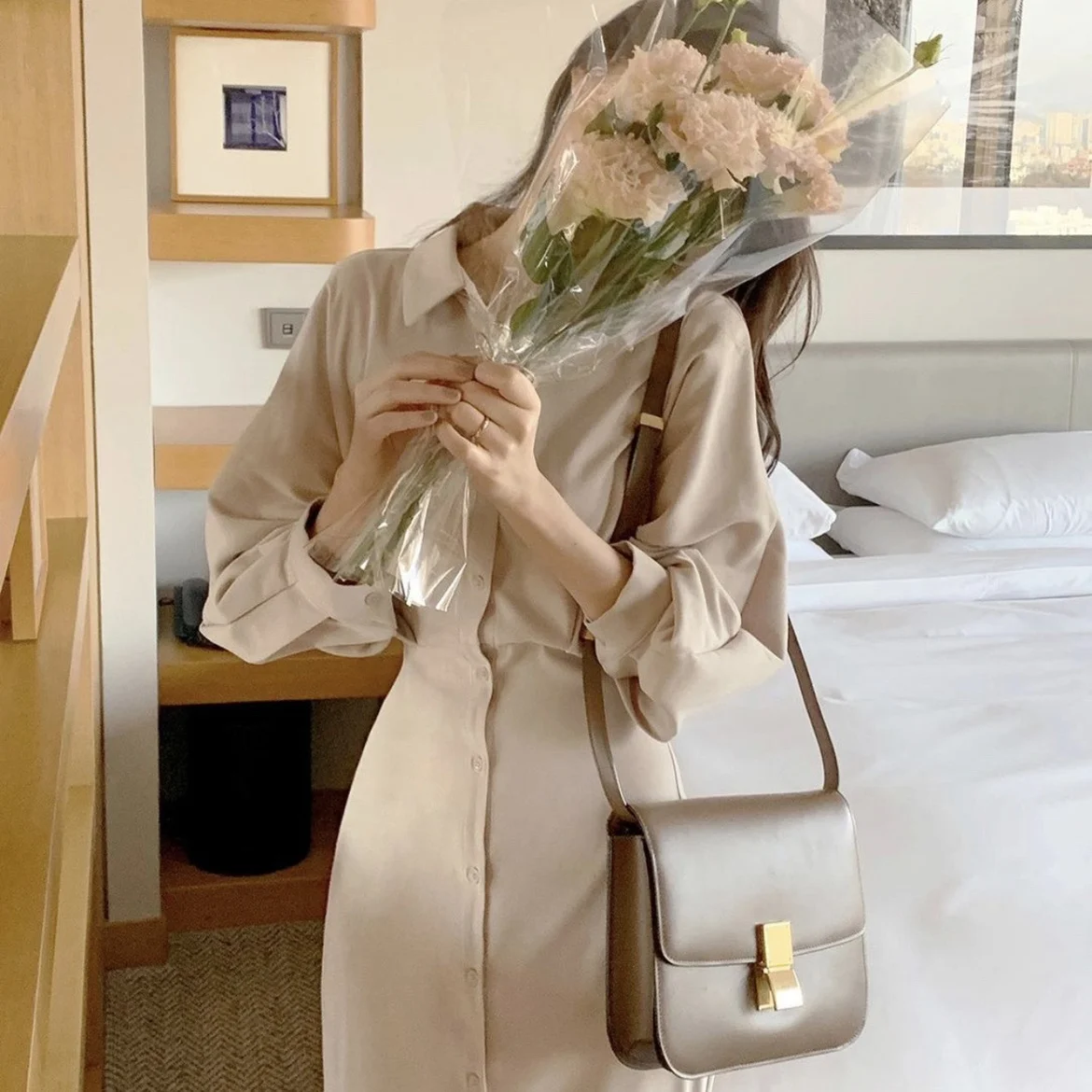 

Vintage Solid Turn Down Collar Long Sleeve Slim Waist Dresses Simple Korean Style Temperament Moda Robe Office Lady Long Vestido