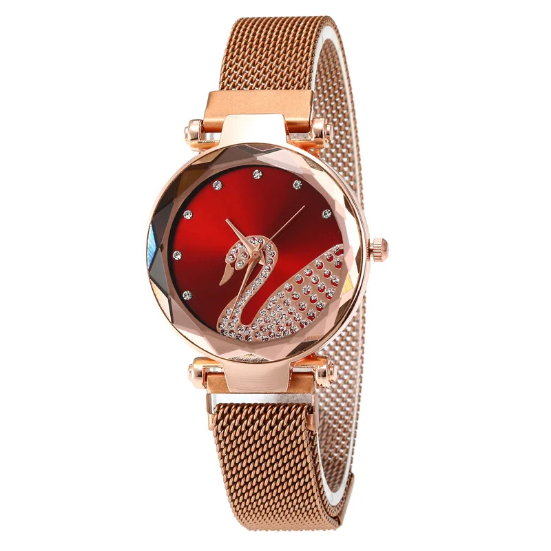 

Little Swan Pattern Advanced Women Fashion Versatile Simple Diamond Magnet Buckle Mesh Strap Quartz Watch Gift Essential
