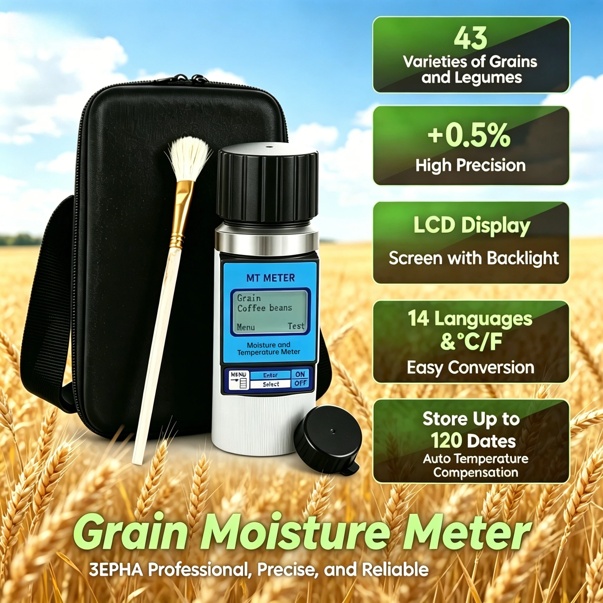 GOYOJO Portable High Precision Multi Crop Moisture Meter in 43 Grain Types Store 120 Readings Including Wheat Soybean Coffee