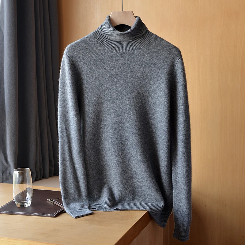 2023 Autumn Winter New Men's Thickened High Polo 100% Cashmere Knitted Pullover Sweater Solid Color