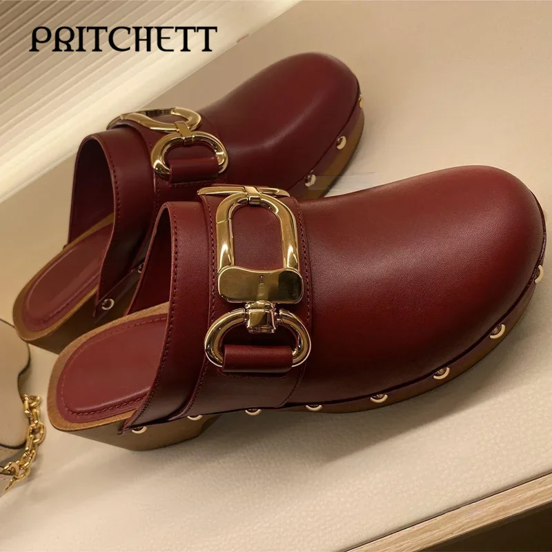 

Gold Rivet Semicircle Lock Slippers Round Toe Medium Heel Bag Toe Half Slippers Maroon Fashion Casual Large Size Women's Shoes