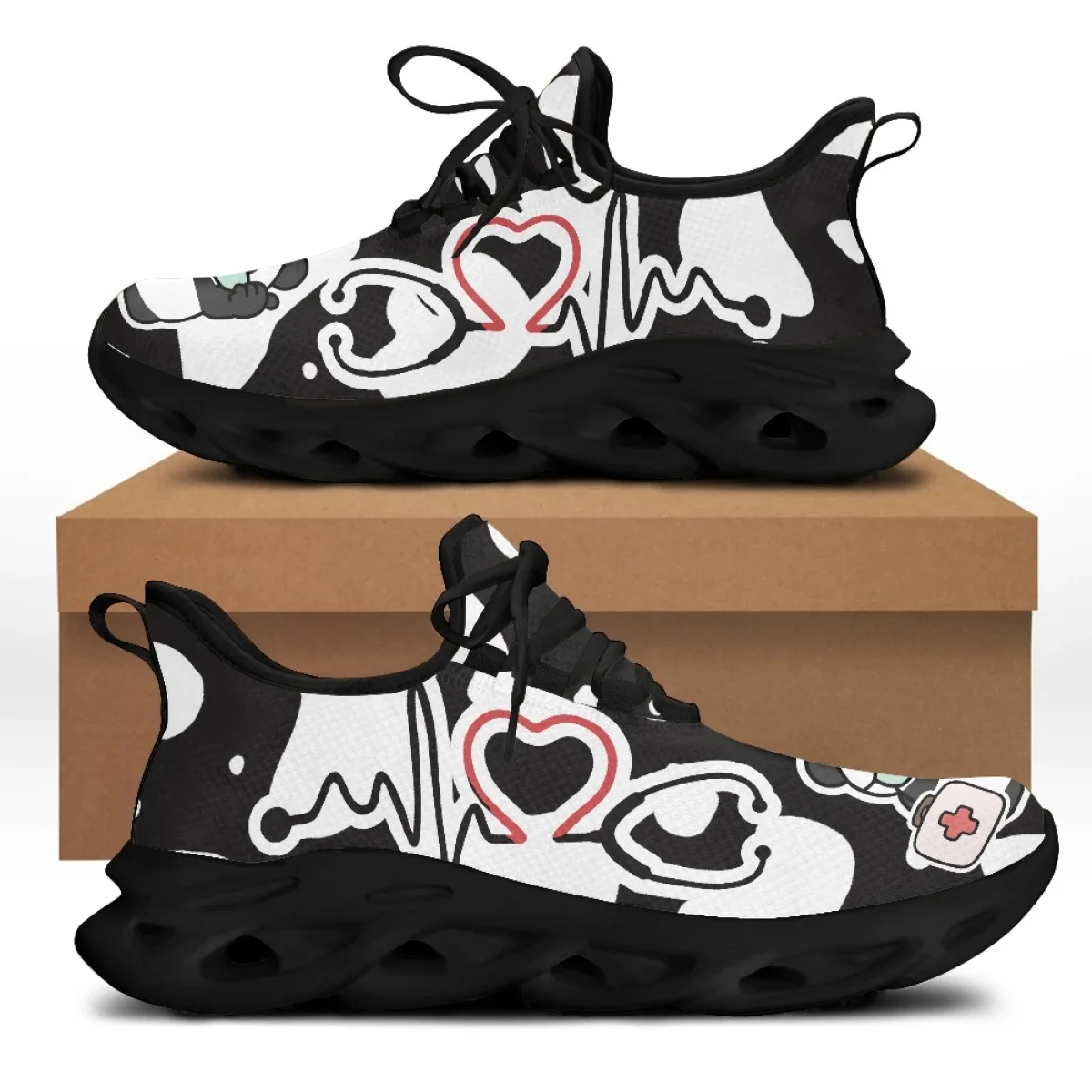 Yikeluo Nurse Panda Print Women Mesh Swing Sneakers Girls Breathable Lace up Platform Shoes for Ladies Footwear 2022