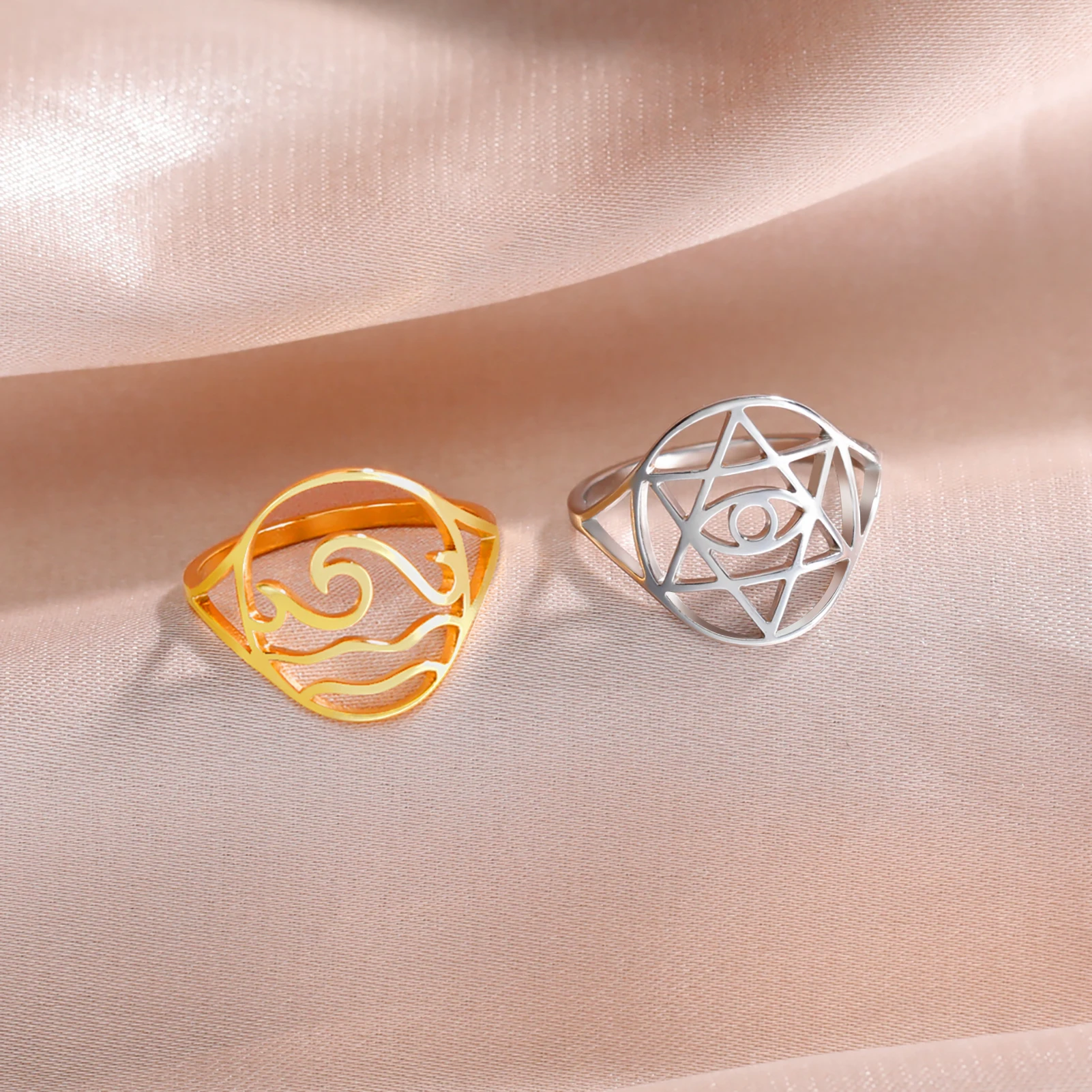 Skyrim Anello Rotondo In Acciaio Inossidabile Da Donna Esagramma Evil Eye Waves Leaf Clover Heart Finger Rings Fashion Gold Color Jewelry Gift