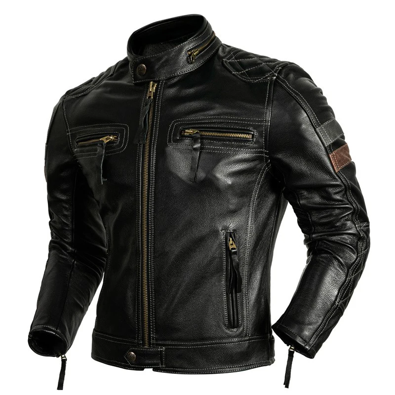 Protective Rider Clothing Natural Cow Leather Jacket Men Motor Biker Coat Mens Motorcycle Jacket Genuine Leather Jaqueta Men Leather Jacket