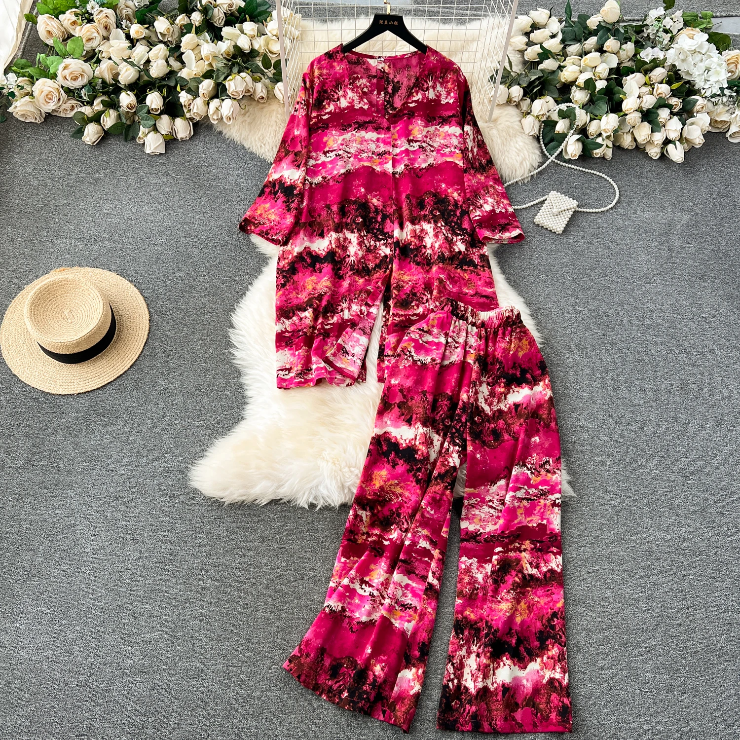 

2023 Autumn Female Fashion Loose Mid Length Print Chiffon Top For Women Casual Two-piece High Waist Draped Wide Leg Pants Outfi