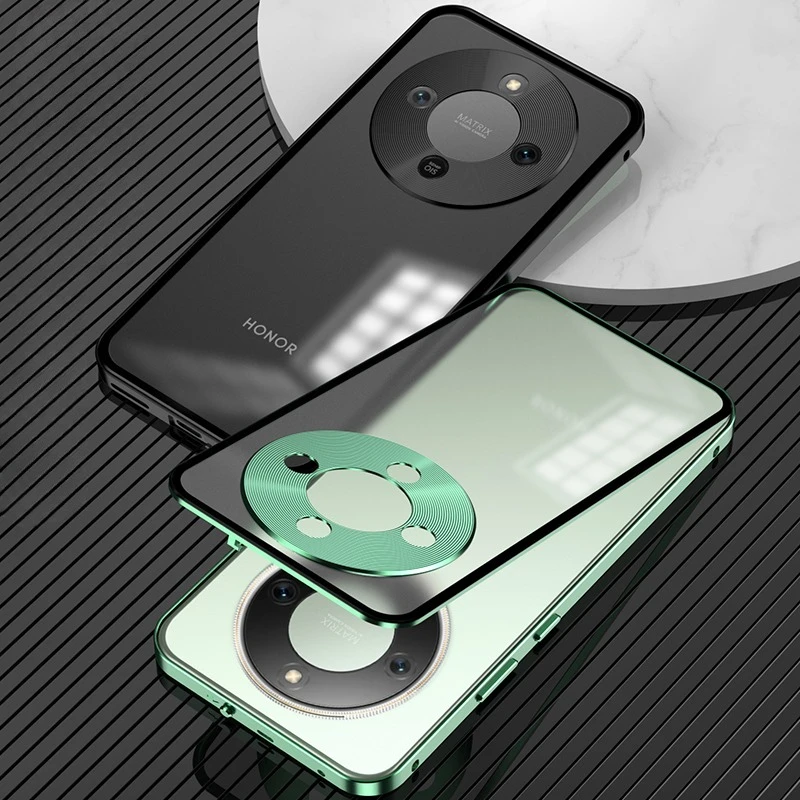 Premium Alloy Metal Lens Protection Phone Case with Transparent Tempered Glass and Shockproof Back Cover