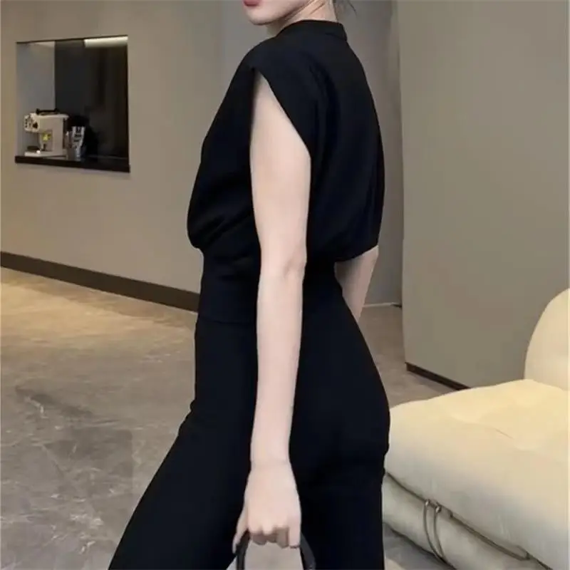 Schwarzes V-Ausschnitt kurzes Hemd Sommer Ernte Top Damenmode ärmellose Hemden elegante Büro Dame Kleidung Top lässige Bluse — изображение 3