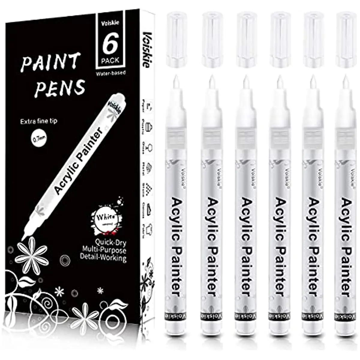 White Paint Pen 8 Pack 0.7mm Acrylic Paint Pens Acrylic Markers 6 White 2  Black