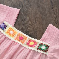 Costume pour enfants, Style vacances, couleur unie, broderie de fleurs, col carré, haut à manches courtes + Short, ensemble deux pièces, été 5
