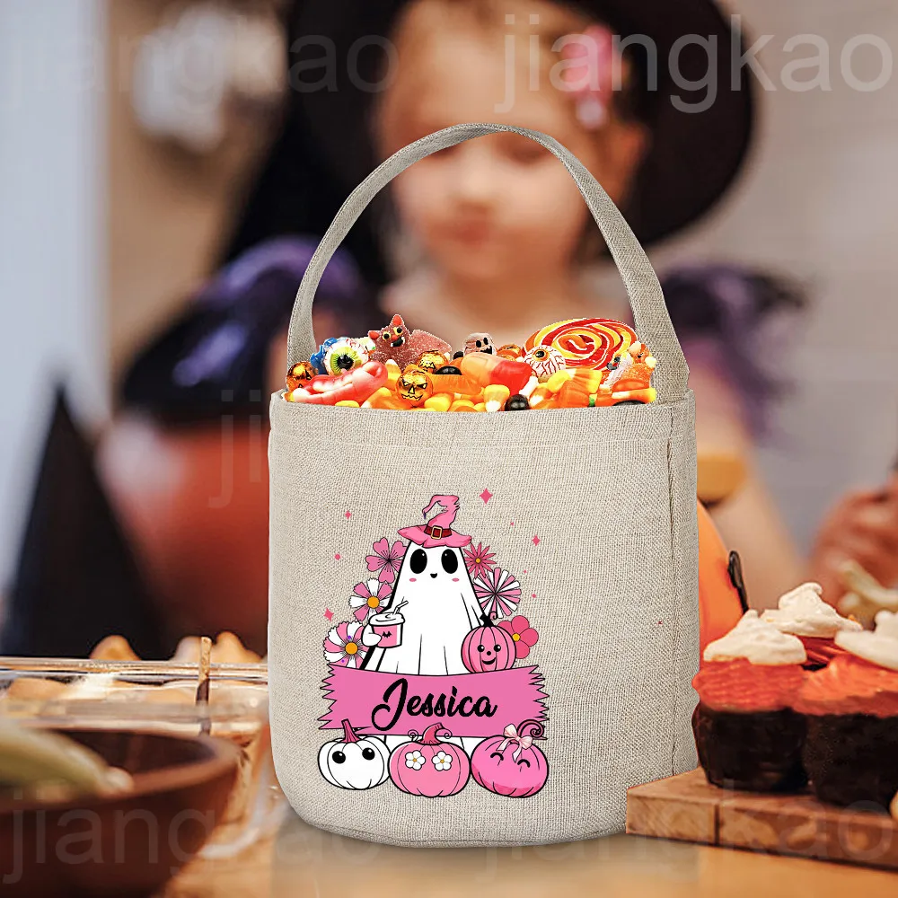 Gift Bags Personalized Trick or Treat Bag Name Candy Bucket Bag Halloween Party Ghost Tote Bags Portable Cookie Basket Gift for Kid