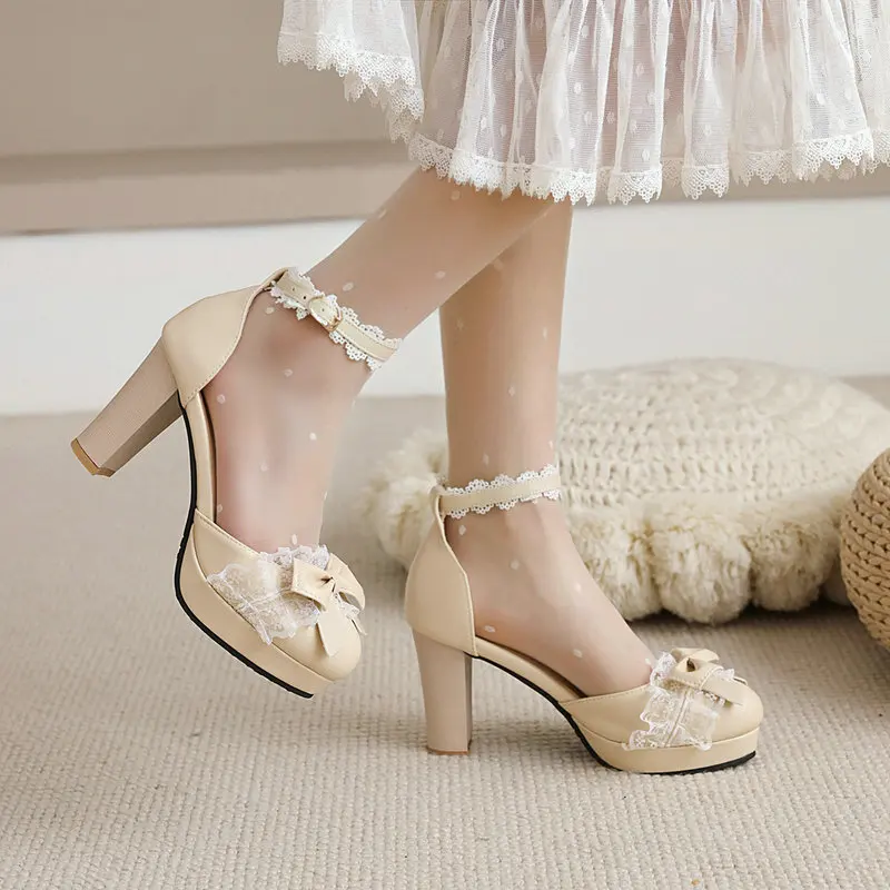 Girls High Heel Shoes Women High Heels Sandals Mary Jane Pumps Party Wedding Shoes Ruffles Bow Princess Cosplay Lolita Shoe28-43