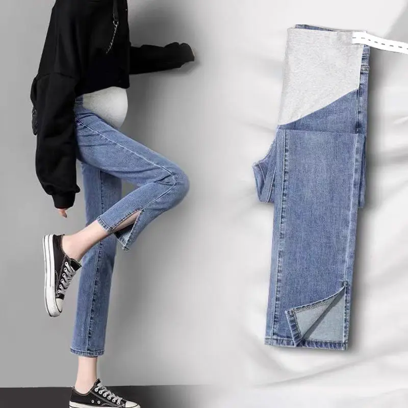 출산 복부 바지 엄마 청바지 출산 바지 출산 옷 높은 허리 바지 느슨한 데님 청바지 